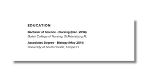Image of example resume with suggested formatting for education history. 
