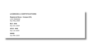 Image of example resume with suggested formatting for license and professional certificates section. 