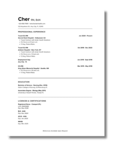 Image of full resume with suggested formatting for travel healthcare professionals. 
